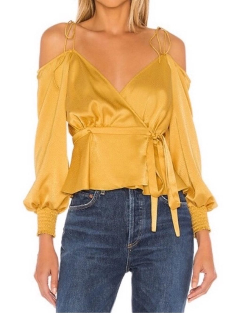 Lovers + Friends Yellow Hopeless Romantic Wrap Off-The-Shoulder Jacquard Top